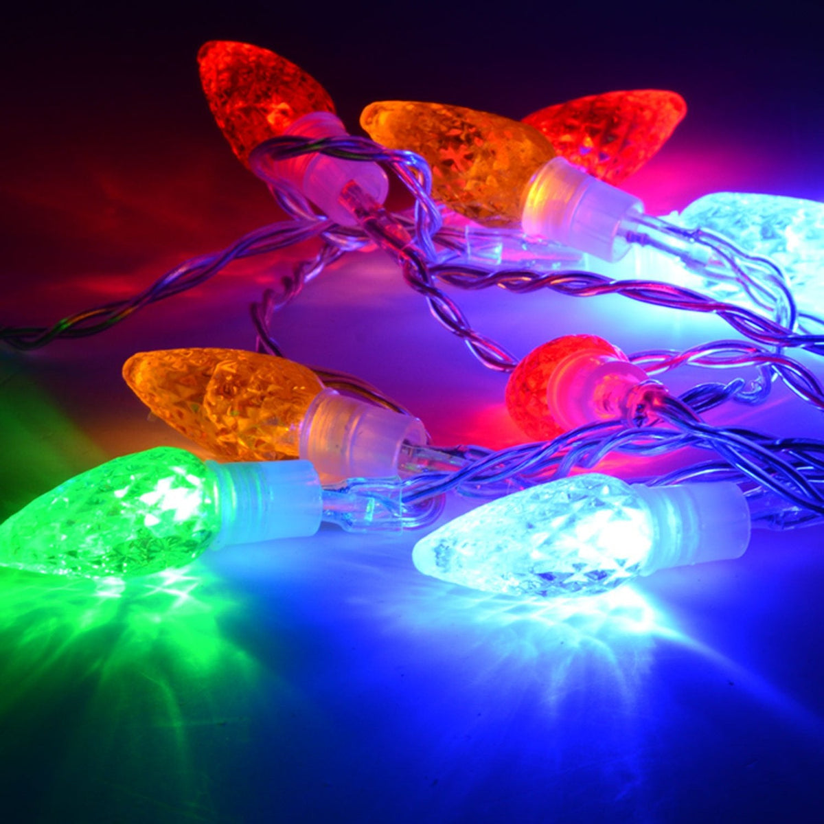 10 multicolour jewel cone LED battery lights close up