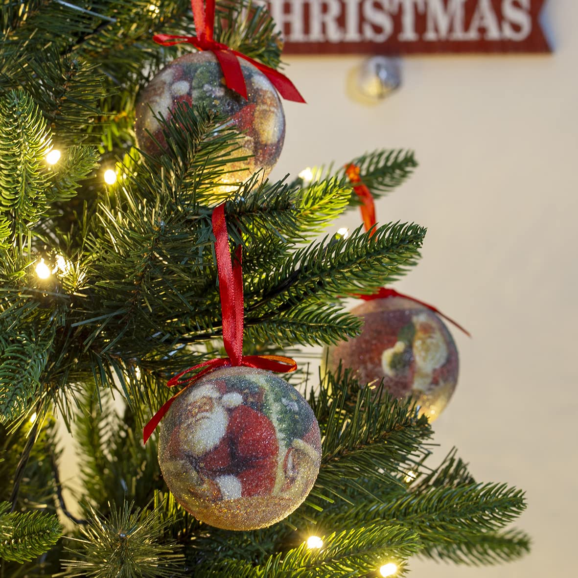 Set of 14 red and green Santa Christmas baubles