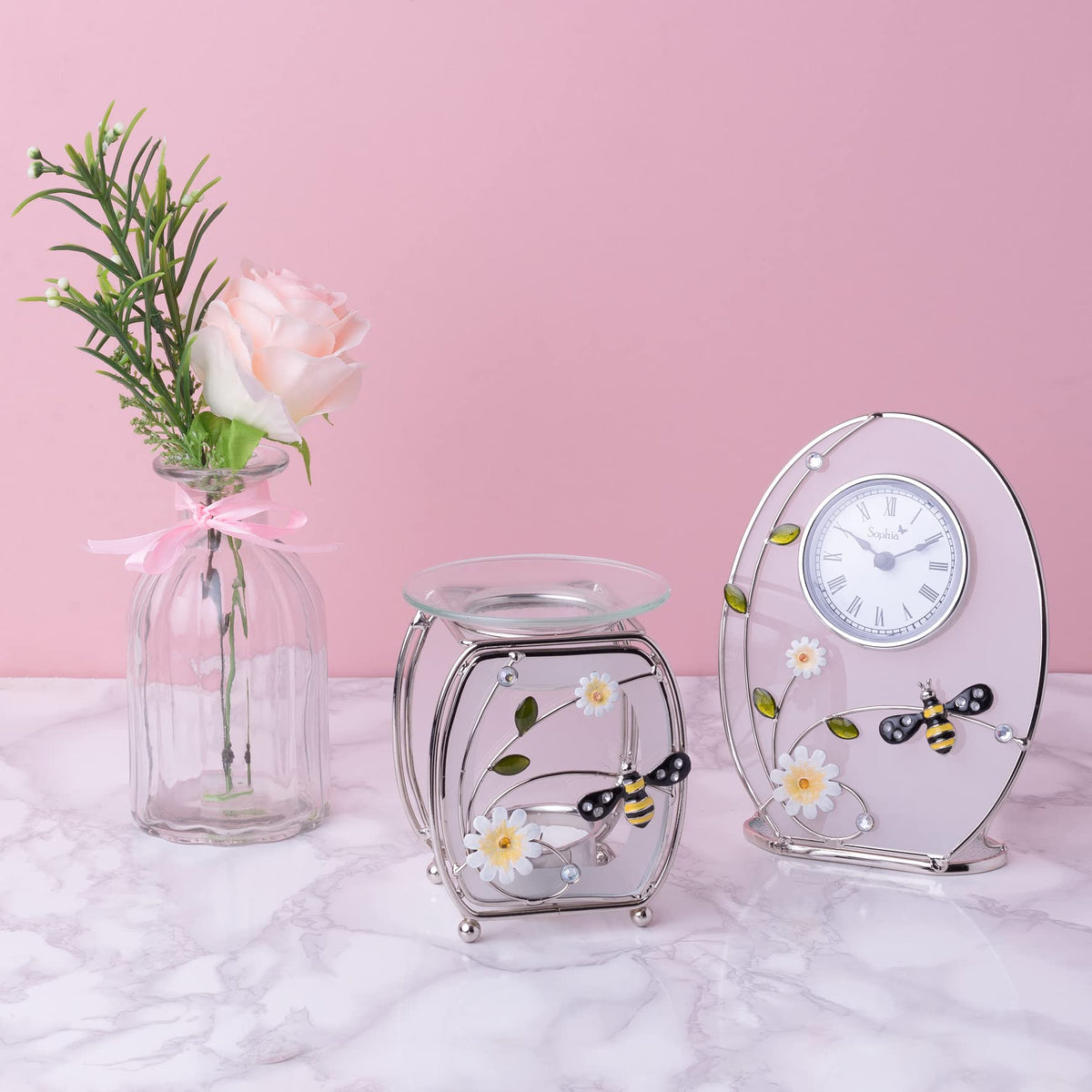 Sophia glass and wire bumblebee mantel clock