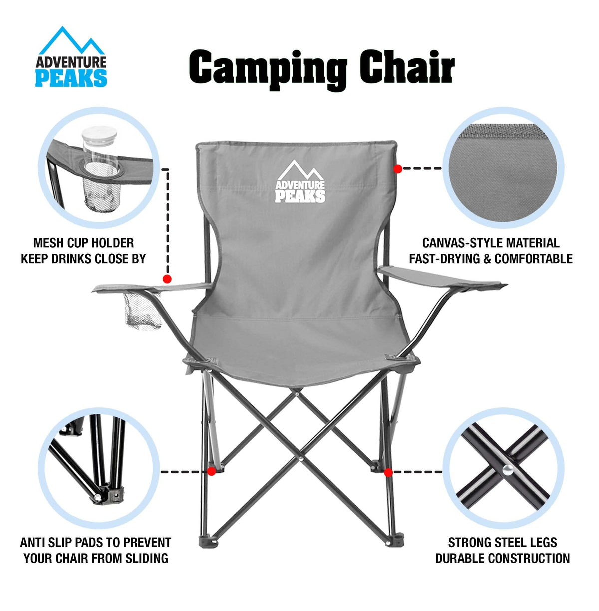 Adventure Peaks grey folding camping chair with carry bag and cup holder