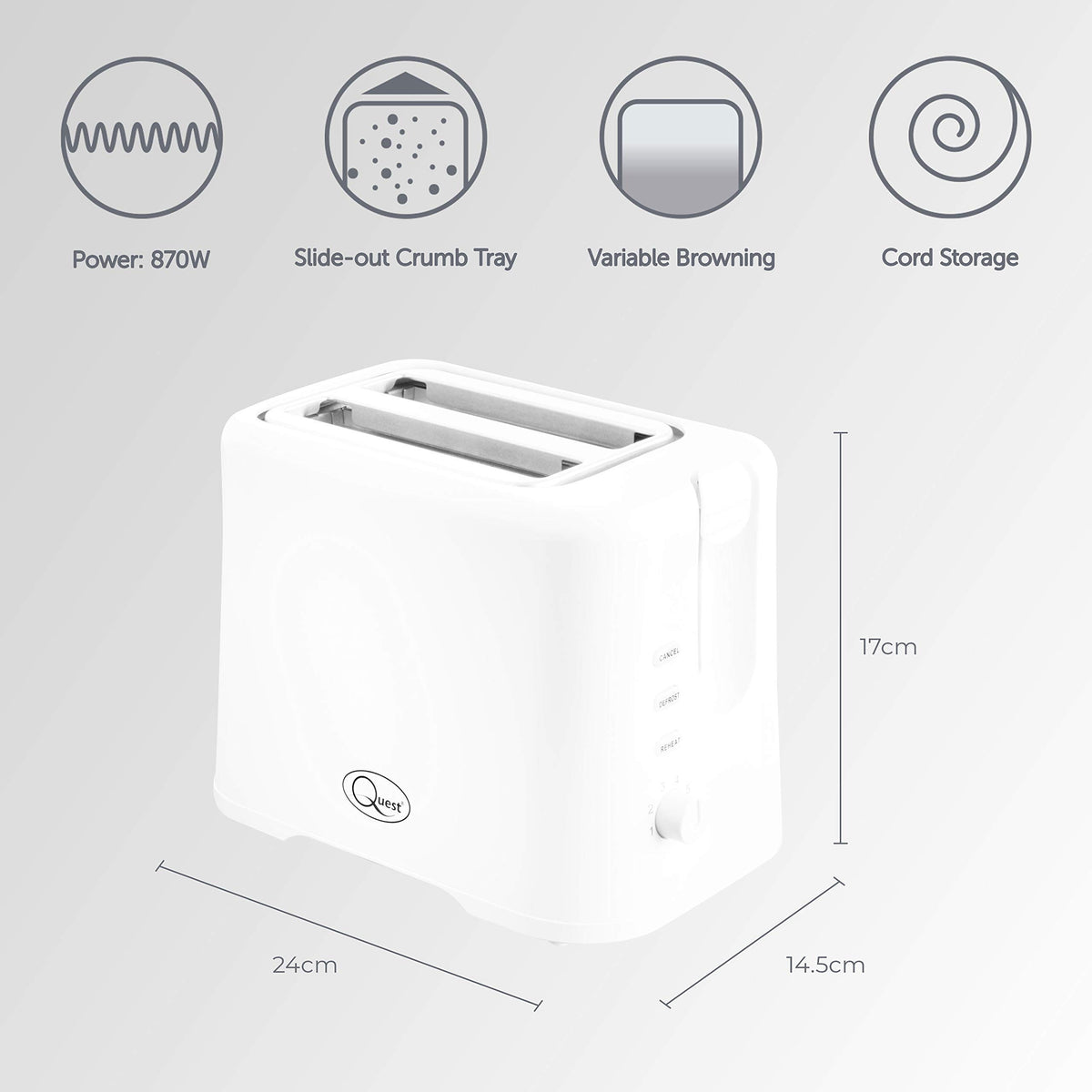 Quest white 870W 2-slice toaster with adjustable browning