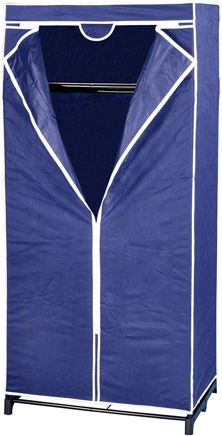 Blue fabric canvas wardrobe with clothes rail and shelf