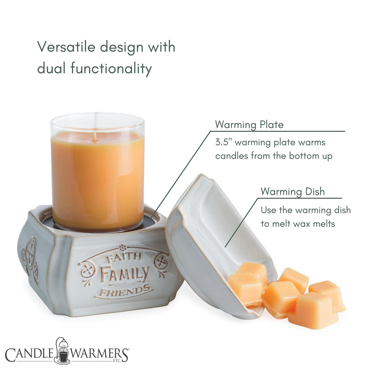 Candle Warmers Etc. 2-in-1 candle and wax melt warmer with Faith Family Friends design