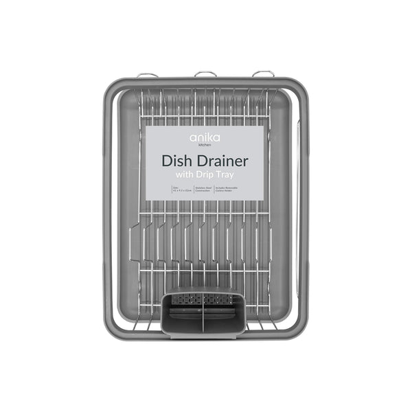 Anika 69069 Kitchen Dish Drainer Rack/Separate Cutlery Holder/Removable Drip Tray/Grey Colour / 41 x 32 x 9.5cm