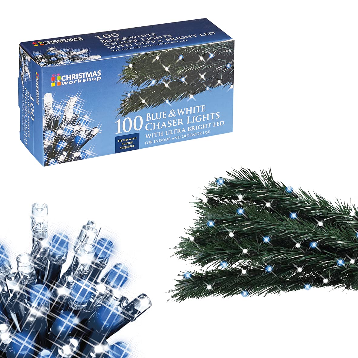 100 blue and warm white LED chaser Christmas lights – 6.9m