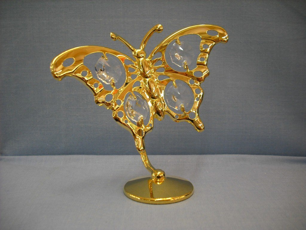 24K gold-plated butterfly ornament on stand with Swarovski crystal