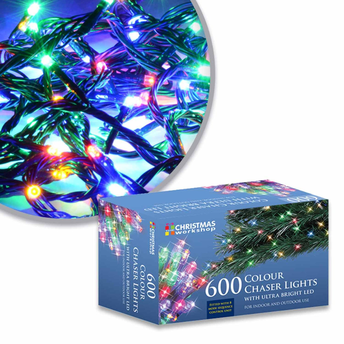 600 multi-coloured LED chaser Christmas lights – 41.9m