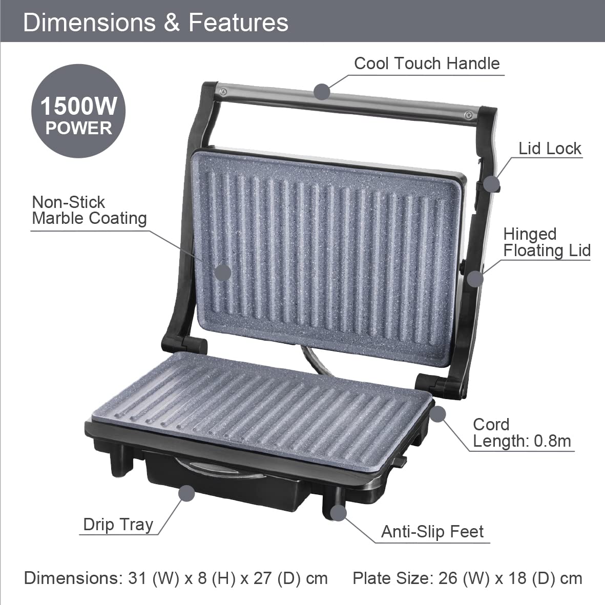 Quest grey deluxe health grill and panini press