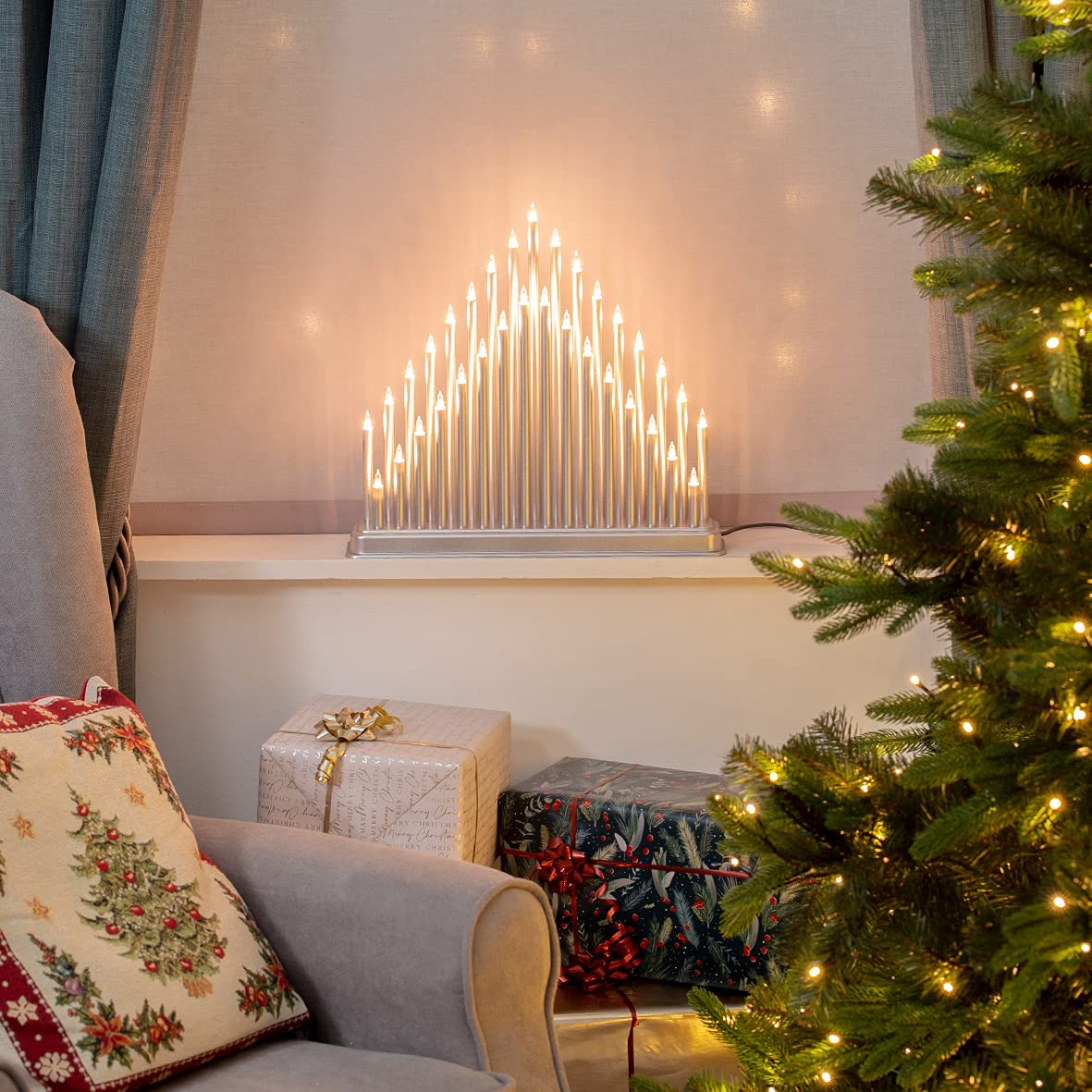 Silver Christmas candle bridge with 33 warm white lights