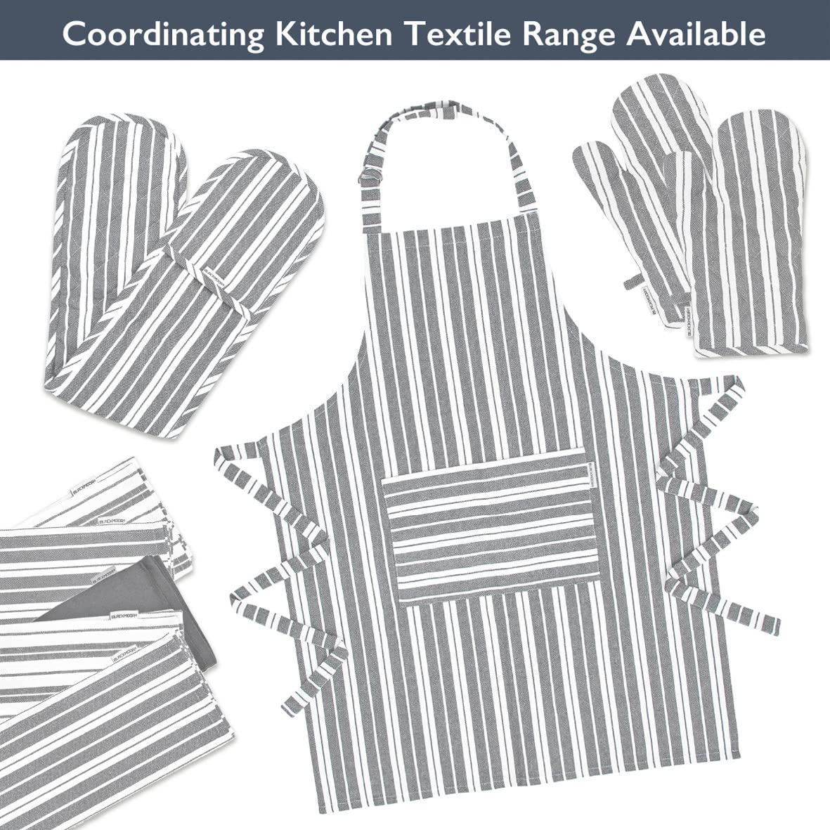 Blackmoor Pair of Oven Gloves/Set of 2 Heat Resistant Cotton Kitchen Mitts for Home Cooking, BBQ, Grilling, Baking/Grey or Navy Stripe with Hanging Loop (Grey)