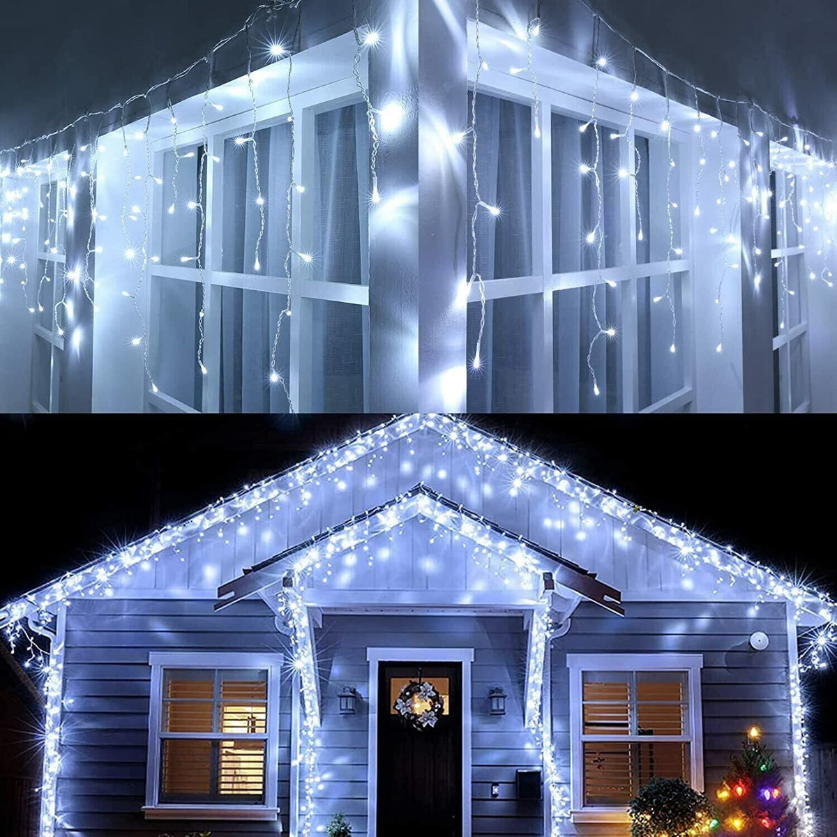 100 white battery-operated icicle lights on clear cable, 2.4m