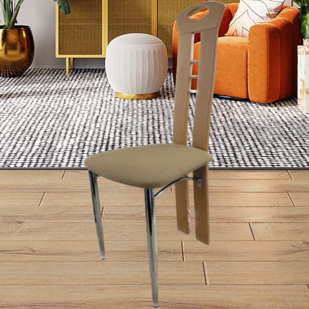Beech wood dining chair with padded fabric seat and chrome legs