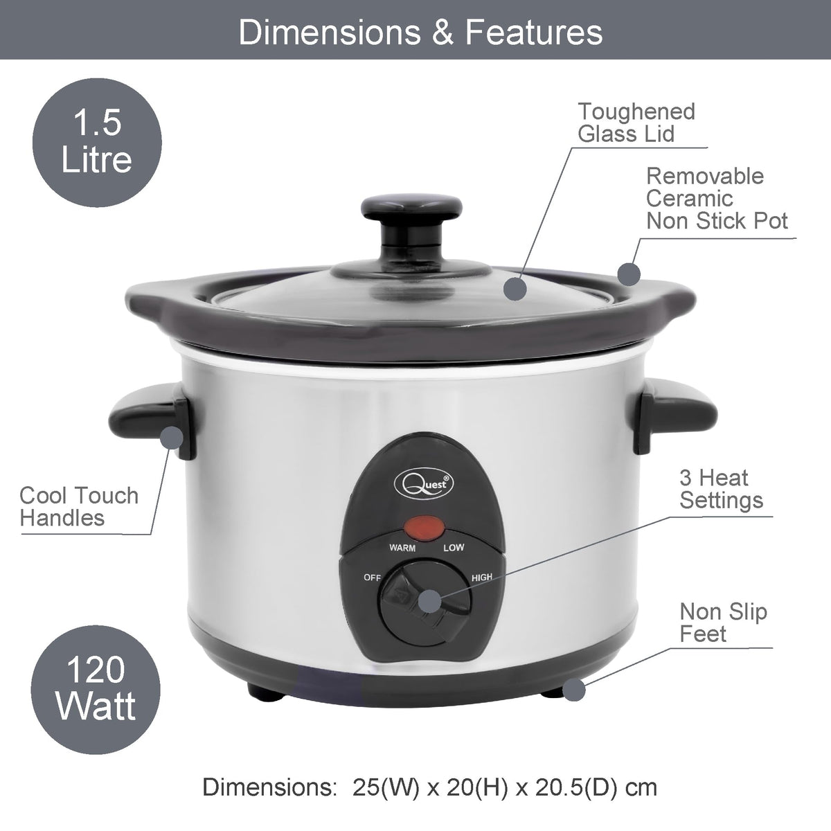 Quest 1.5L stainless steel slow cooker, 120W