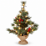 60cm pre-lit mini Christmas tree with 20 warm white LED lights, red berries and hessian base