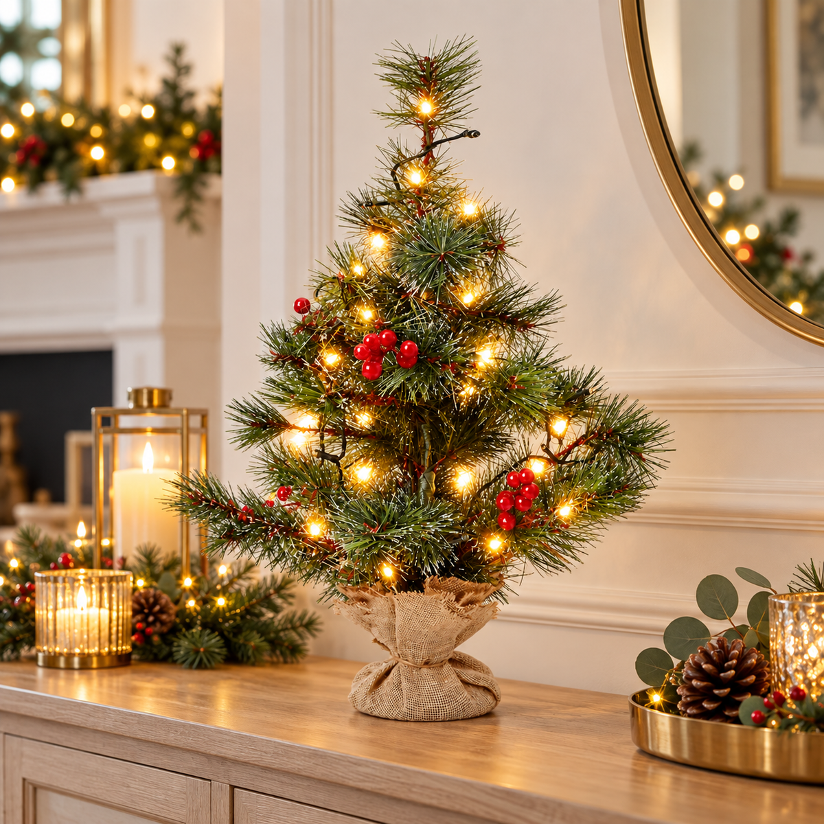 Pre-lit mini Christmas tree with red berries and warm white LED lights on a console table