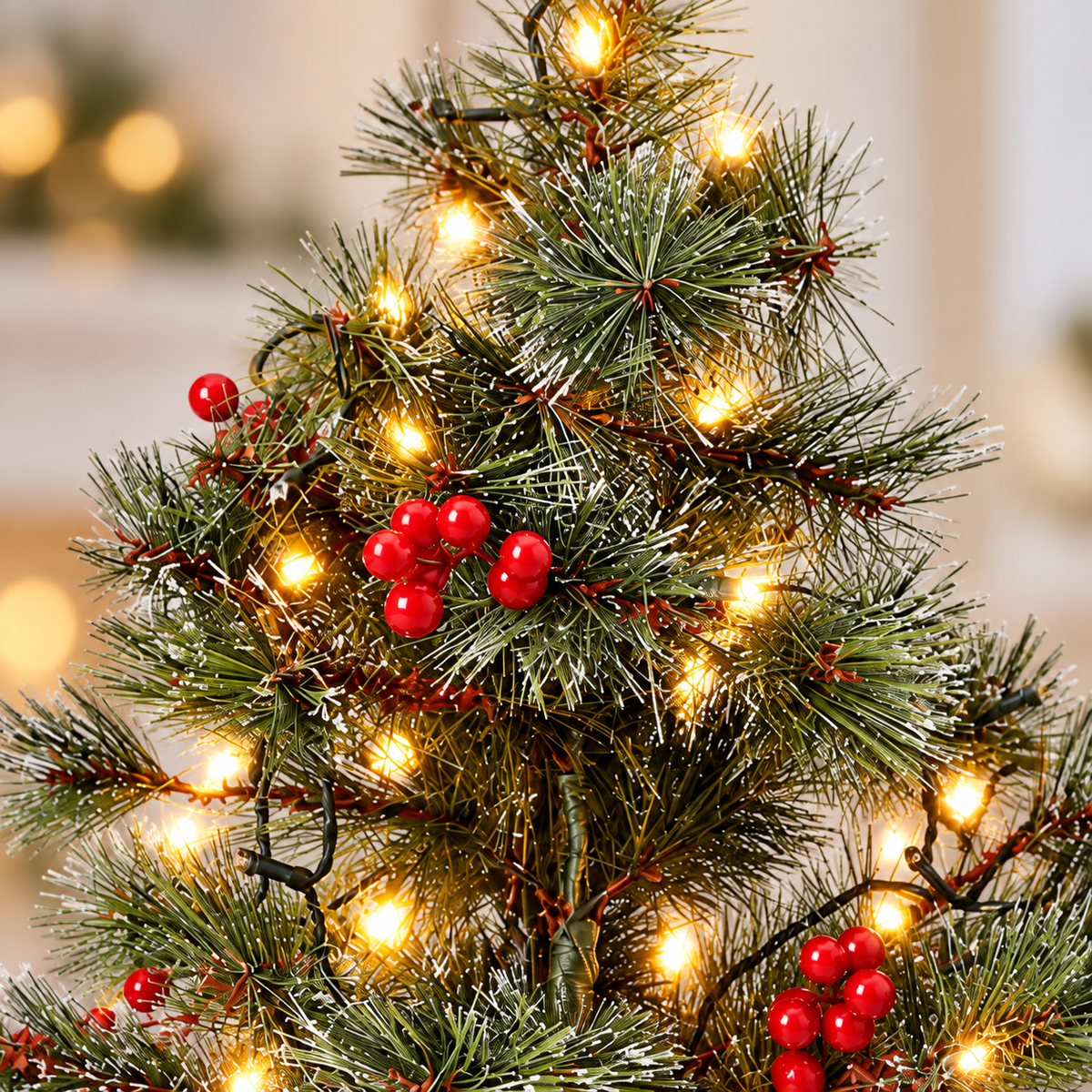 Close-up of frosted branches, red berries and warm white LEDs on mini Christmas tree