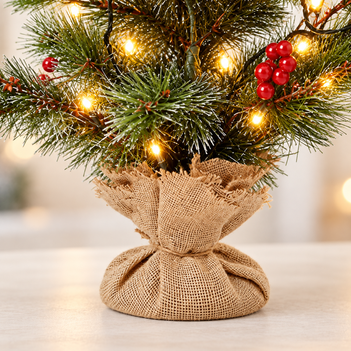 Close-up of hessian sack base and lower frosted branches on 60cm pre-lit mini Christmas tree