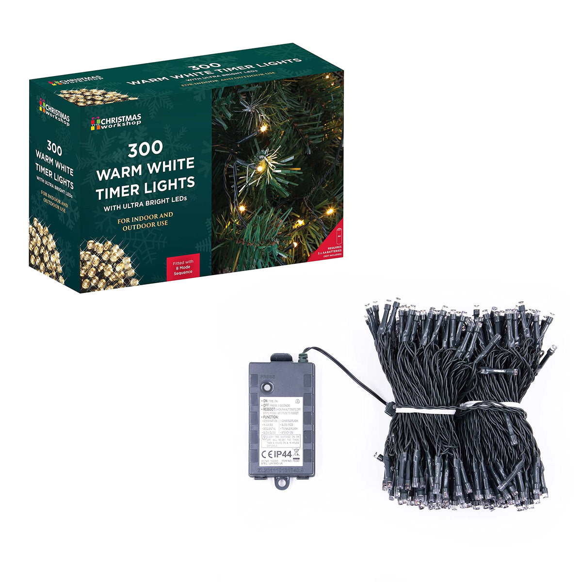 300 warm white battery LED Christmas lights – 29.9m
