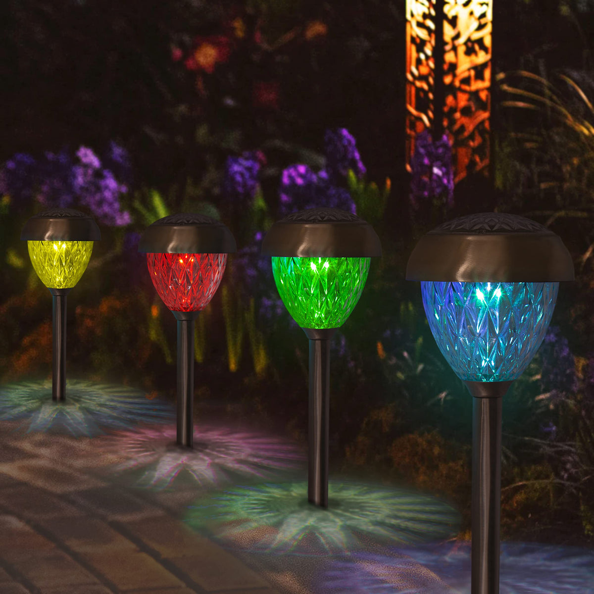 Colour-changing solar path lights with stainless-steel finish