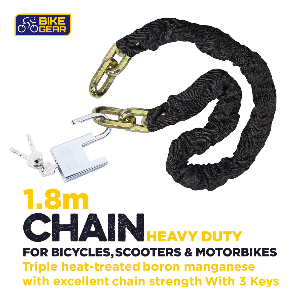 BikeGear 1.8m chain lock with padlock and 3 keys