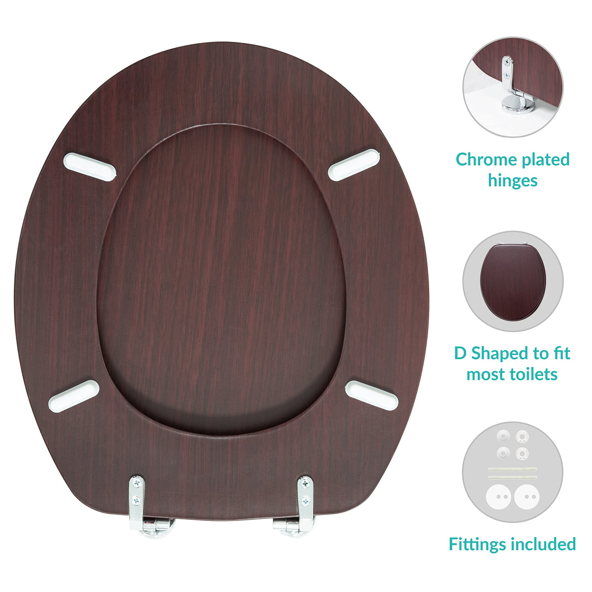 Mahogany-effect toilet seat with chrome hinges