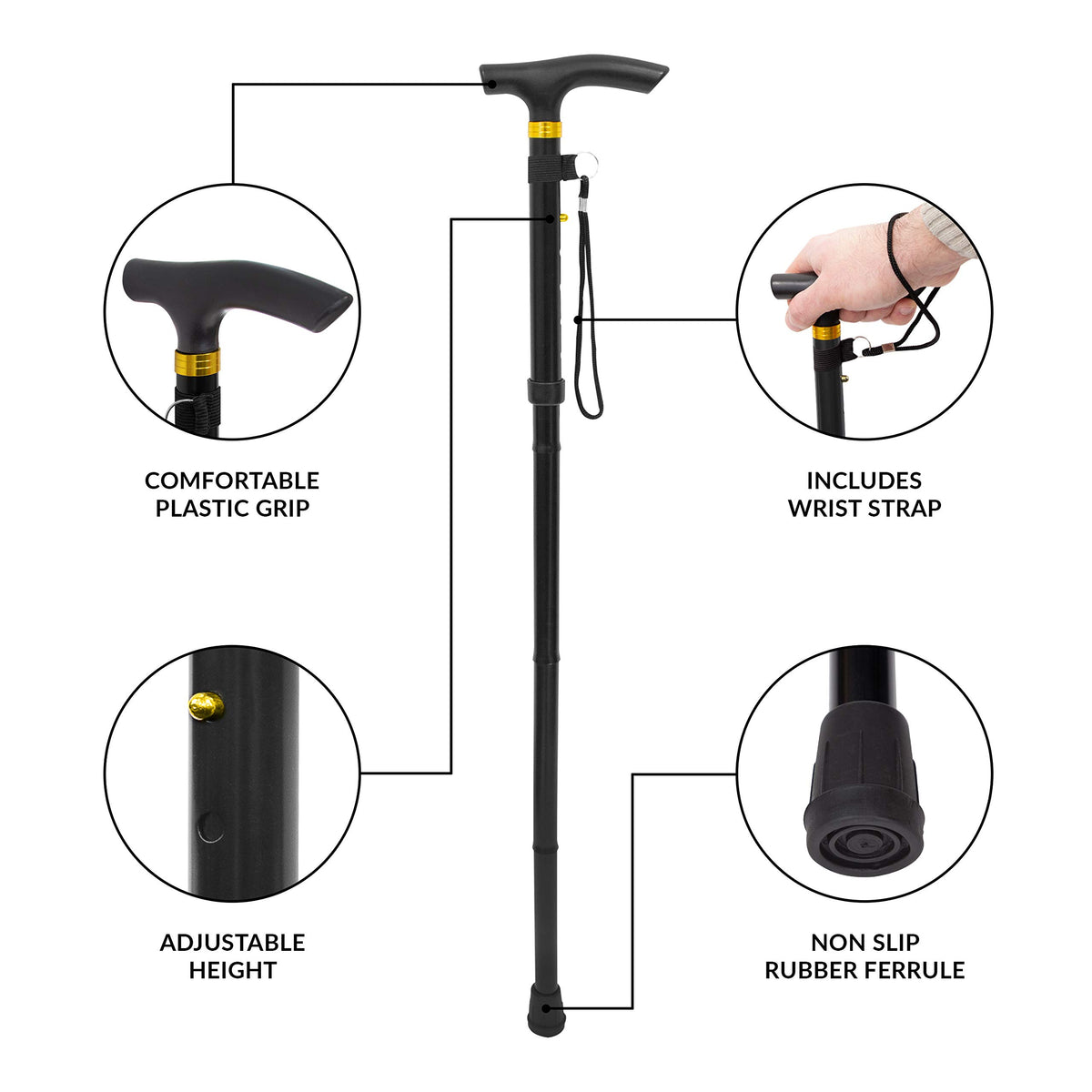 Anika black folding walking stick adjustable 85 to 95cm