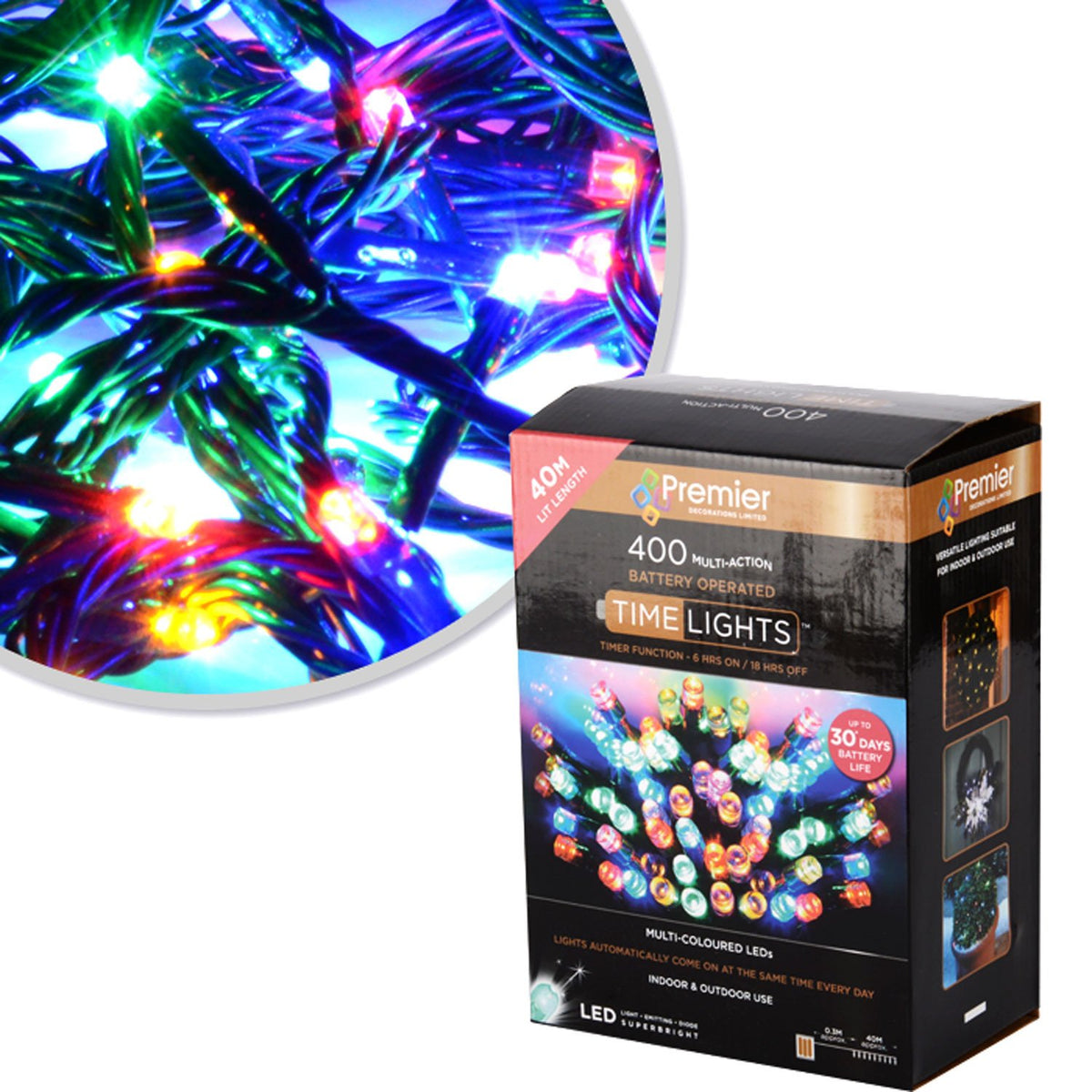 Premier Decorations 400 Multi Coloured Multi Action Battery Operated LED with Timer, JNS_427400