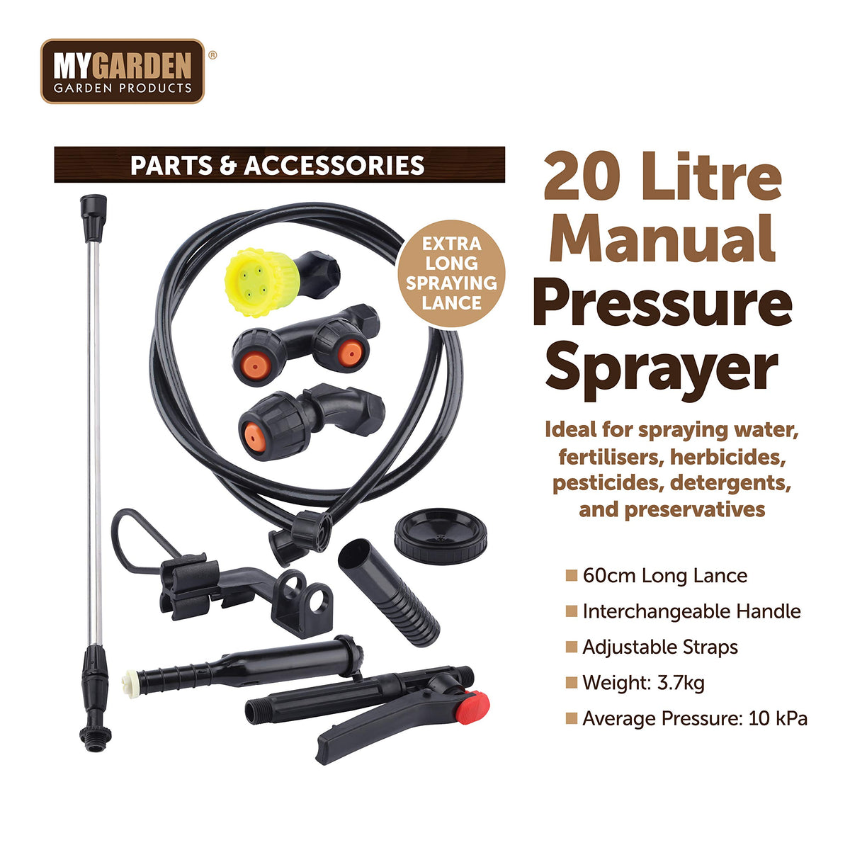 Manual pressure sprayer with interchangeable nozzles