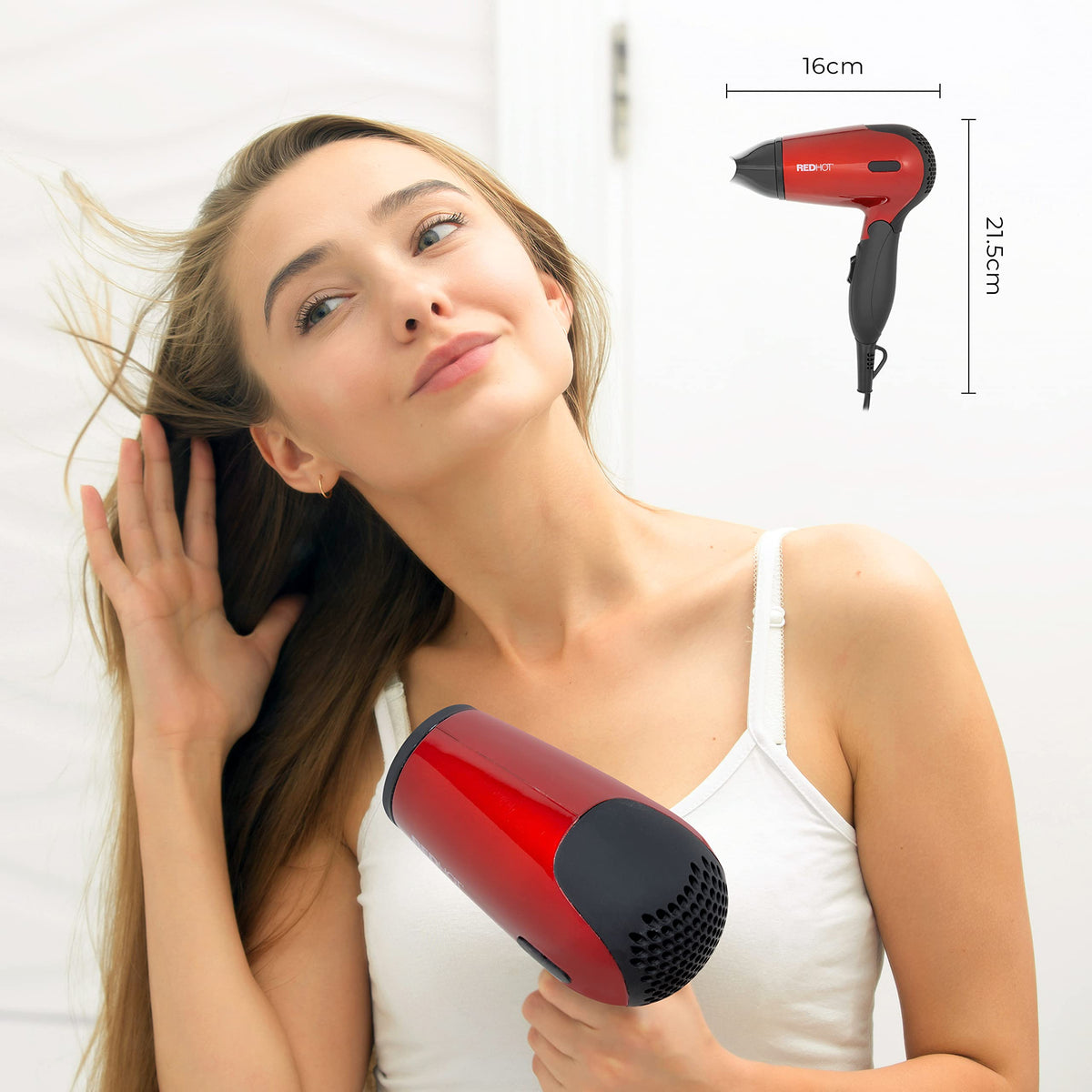 Red Hot 1200W red travel hair dryer with folding handle