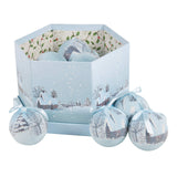 Gift-boxed set of 14 blue and white snow village Christmas baubles