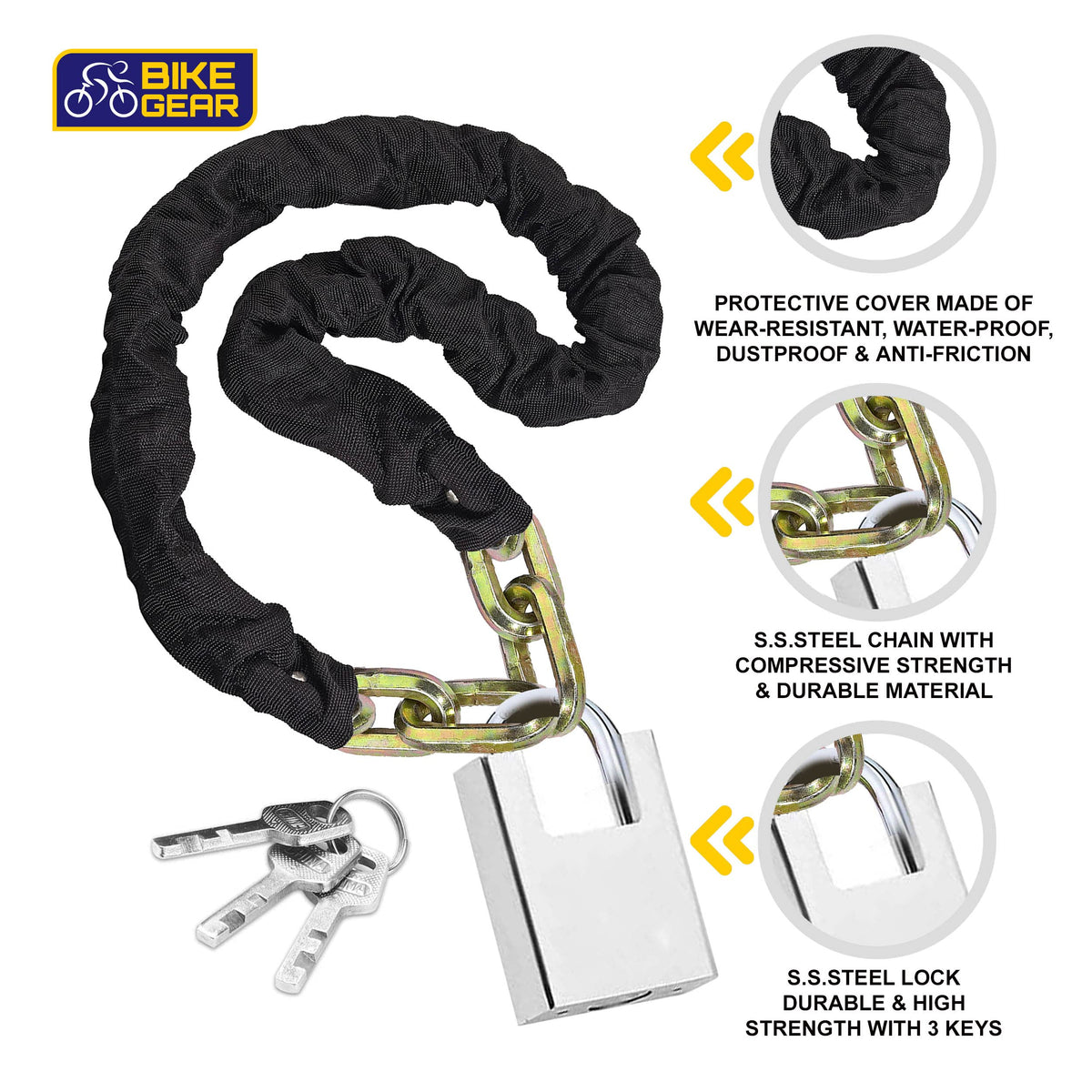 BikeGear 1.8m chain lock with padlock and 3 keys