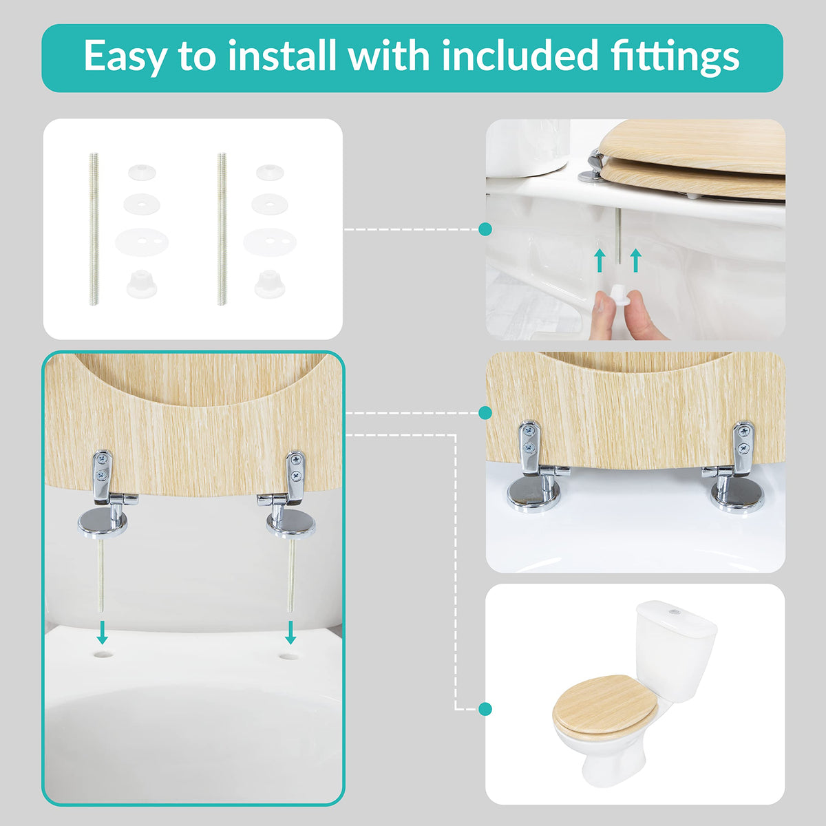 Anika 92439 Pine Effect Toilet Seat Anti Bacterial Coating Chrome Hinges, 43cm x 37.5cm
