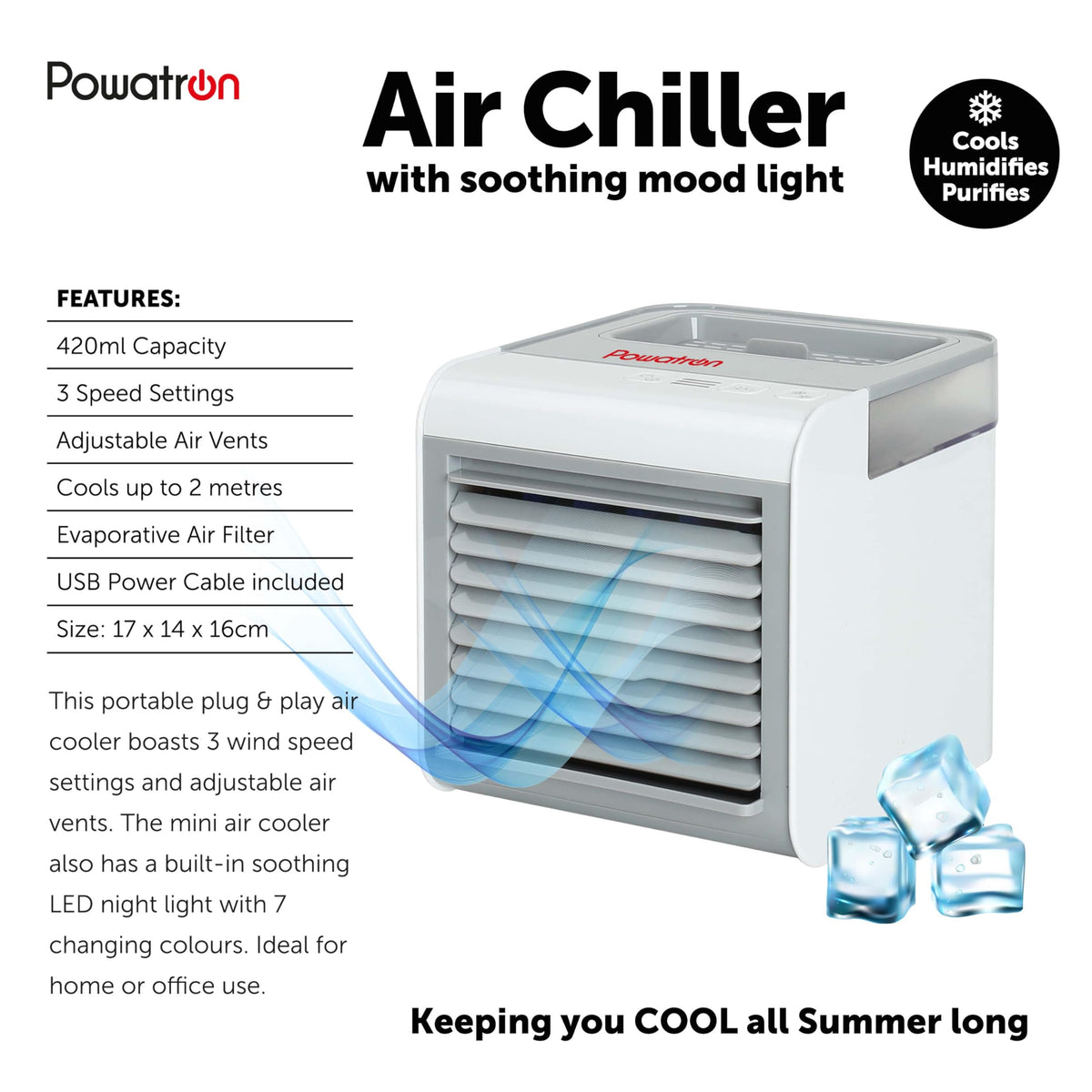 Powatron mini USB air cooler with 3 speeds