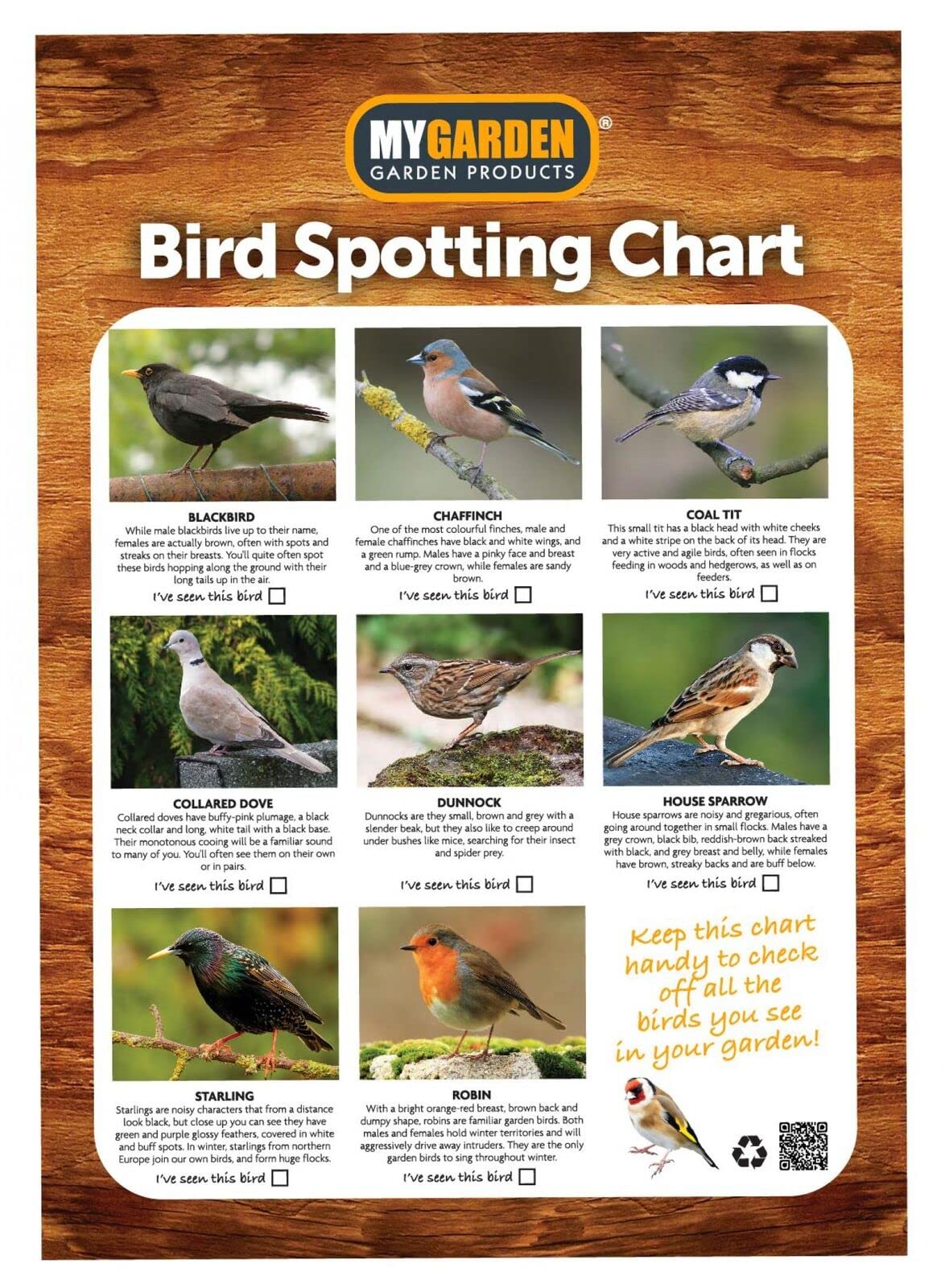 My Garden wooden bird nest box with bird spotting chart