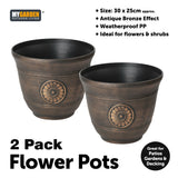 Set of two 30cm plastic plant pots with drainage holes