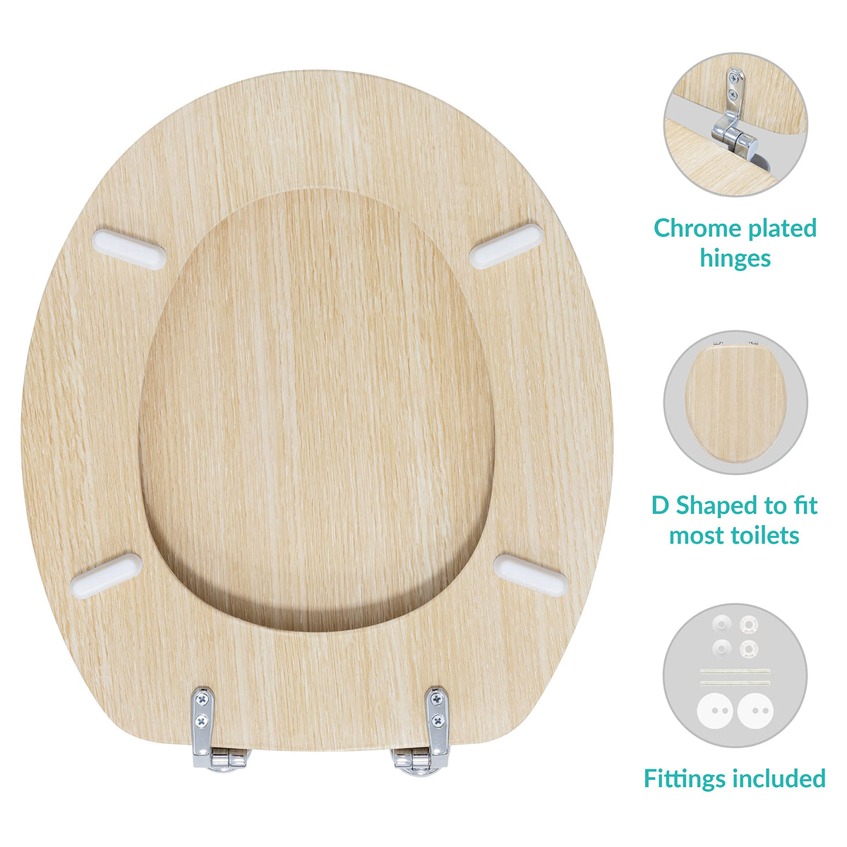 Anika 92439 Pine Effect Toilet Seat Anti Bacterial Coating Chrome Hinges, 43cm x 37.5cm