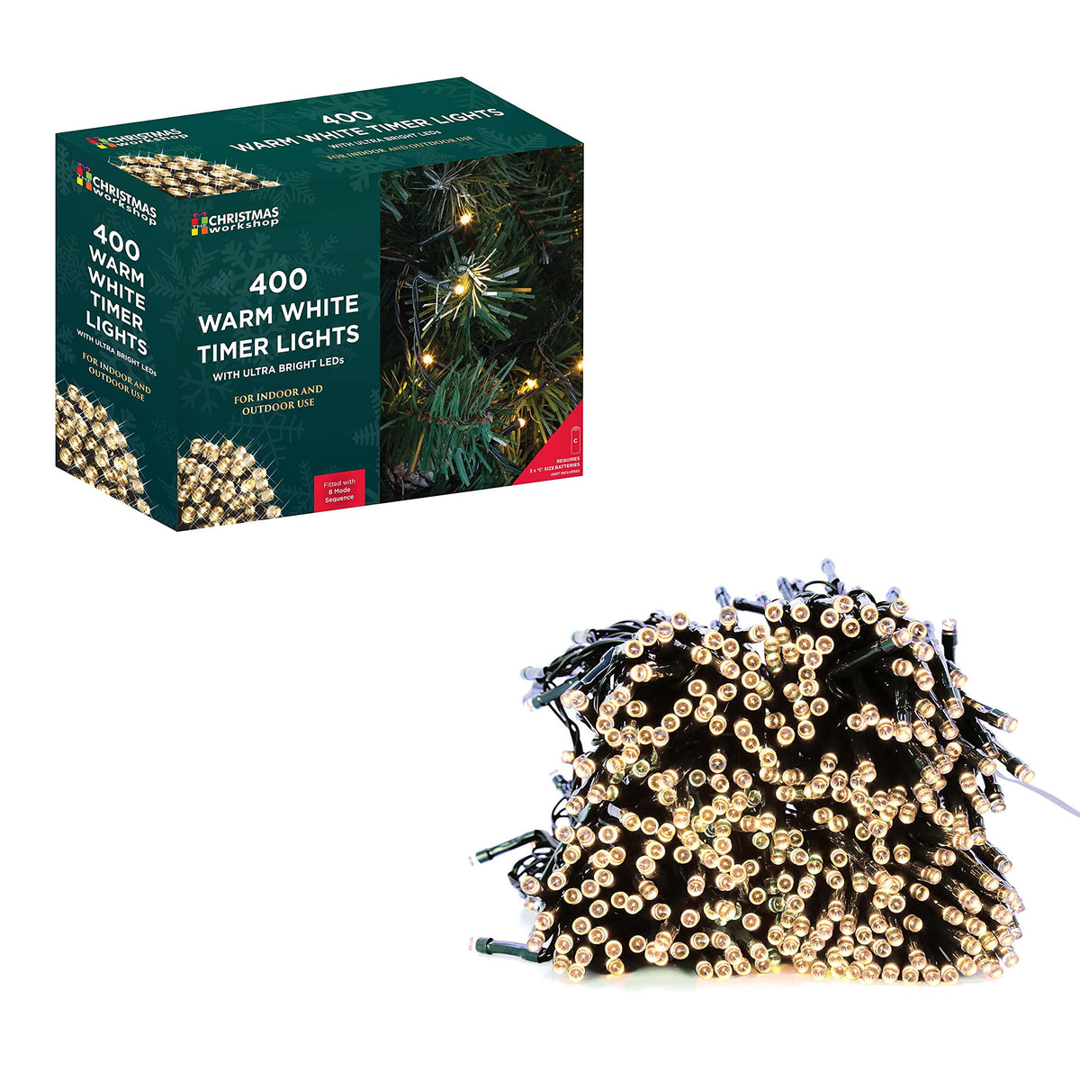 400 warm white battery LED Christmas lights – 39.9m