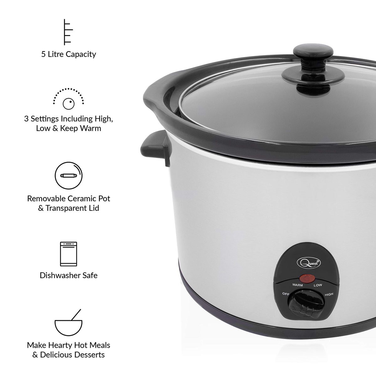 Quest 5L stainless steel slow cooker, 320W