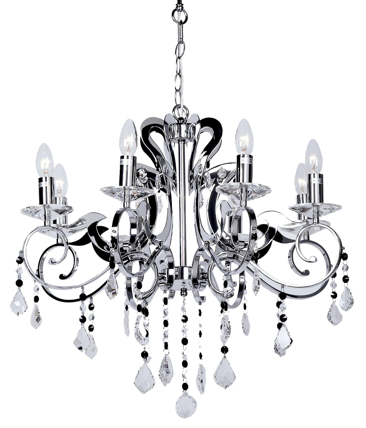 Loxton chrome eight-light chandelier with black acrylic drops