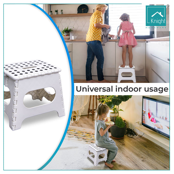 Knight Plastic Folding Step Stool, Strong Heavy Duty Skid Resistant Stool for Kids and Adults, White Black Grey, H29 x L27 x W22 CM (White)