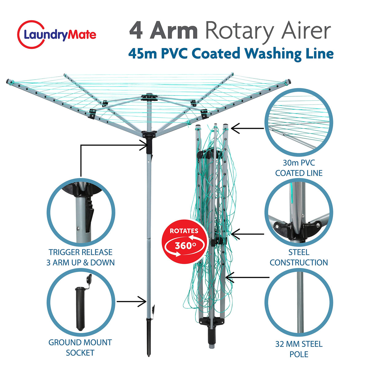 Laundry Mate white 40m four-arm rotary clothes airer