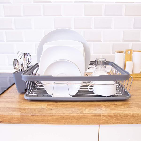 Anika 69069 Kitchen Dish Drainer Rack/Separate Cutlery Holder/Removable Drip Tray/Grey Colour / 41 x 32 x 9.5cm