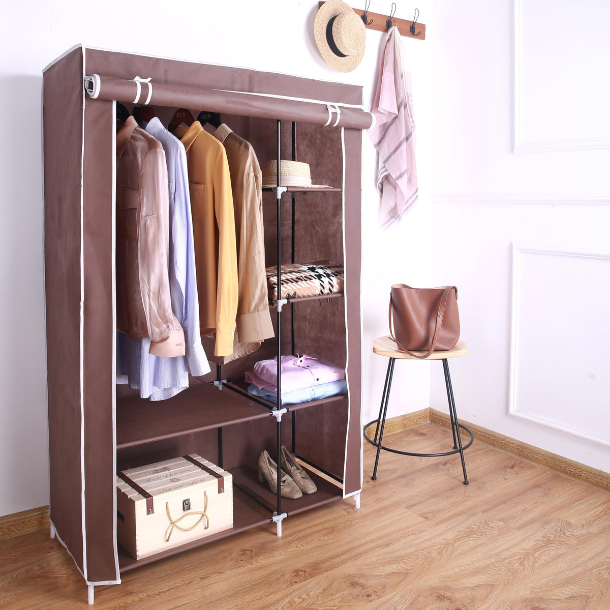 AROME PUR brown double canvas wardrobe with rail and shelves – 158cm
