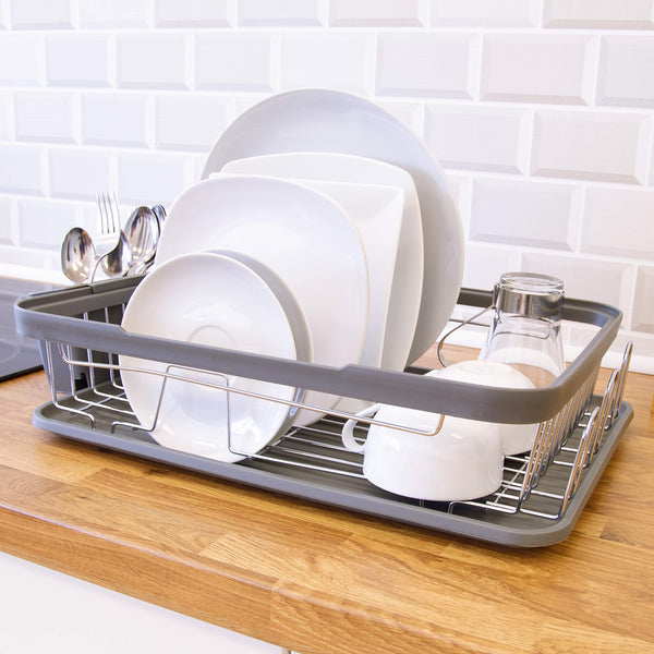 Anika 69069 Kitchen Dish Drainer Rack/Separate Cutlery Holder/Removable Drip Tray/Grey Colour / 41 x 32 x 9.5cm