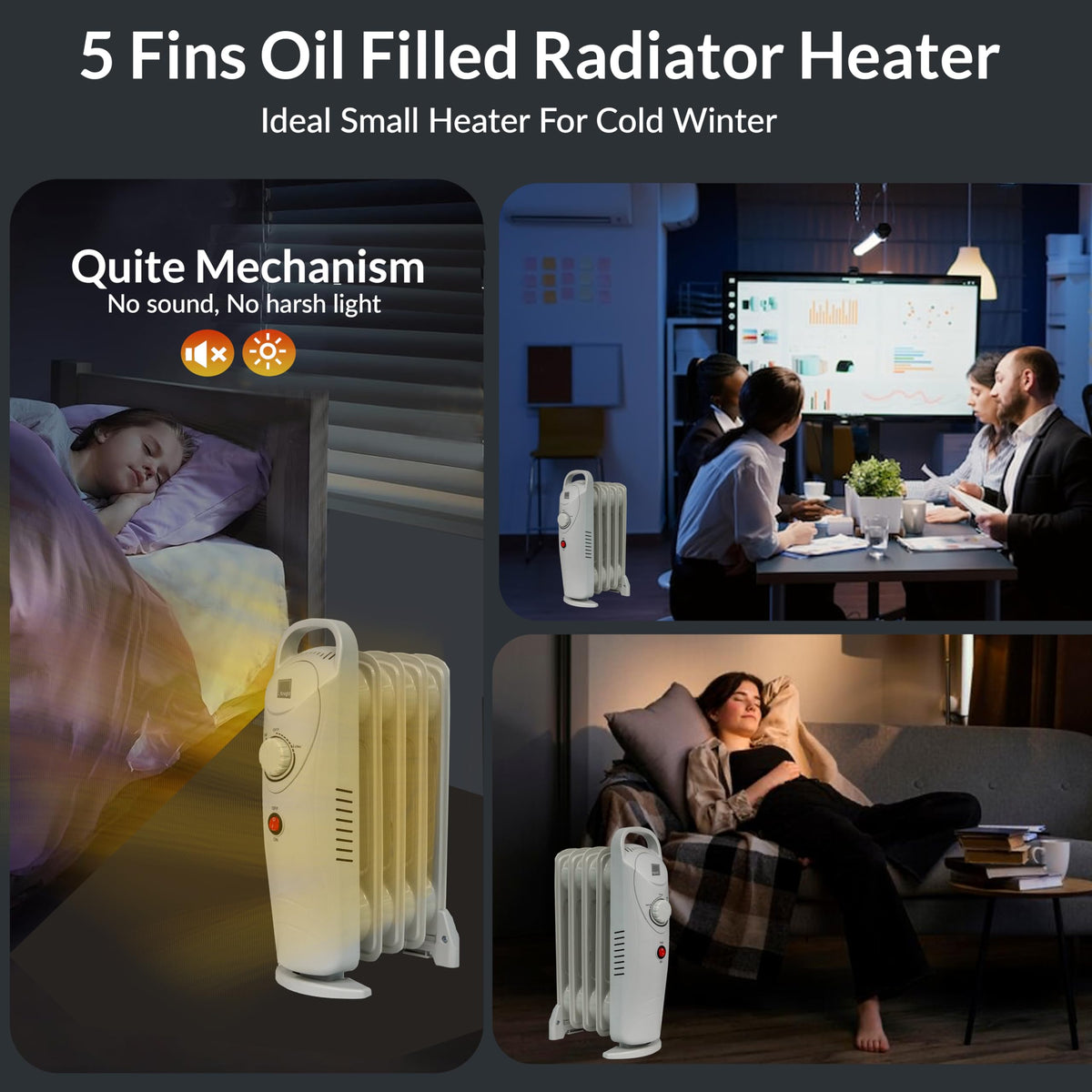 KNIGHT 5 Fins 500W Oil-Filled Radiator Heater White Colour with Thermostat, Overheat Protection, Power Switch, for indoor use, Quiet Electric Space Heater for Bedroom, Office, Home (5 Fins)