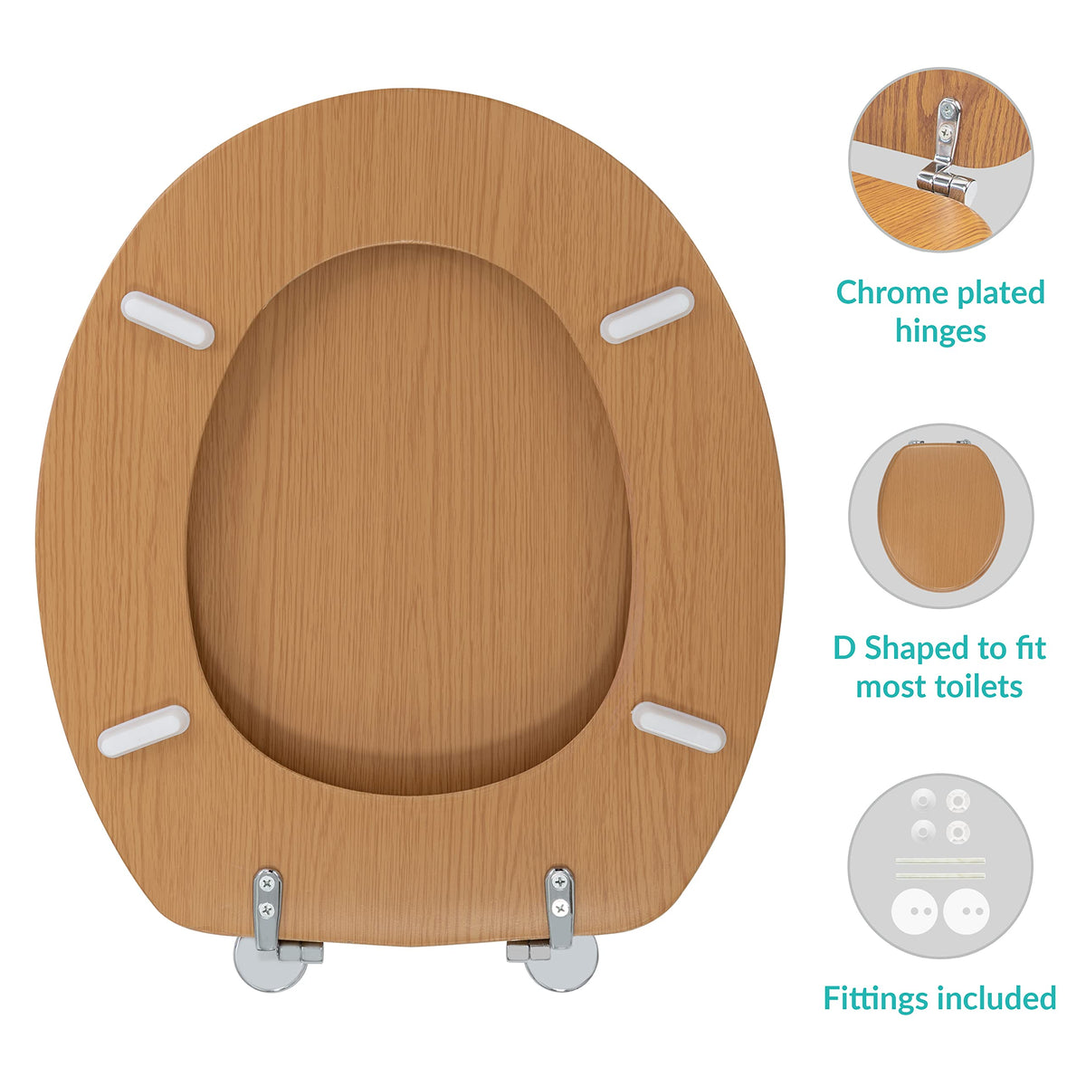 Antique pine-effect toilet seat with chrome hinges