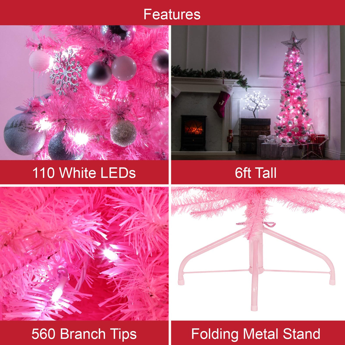 6ft pink pre-lit slim Christmas tree with 110 LEDs