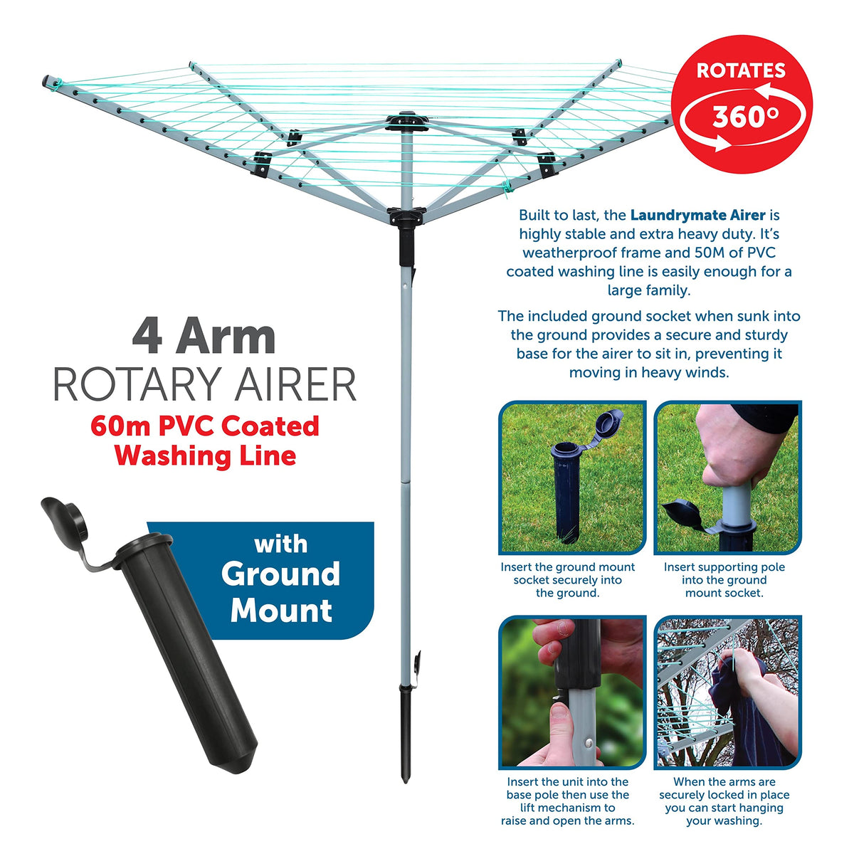 Laundry Mate silver 60m four-arm rotary clothes airer