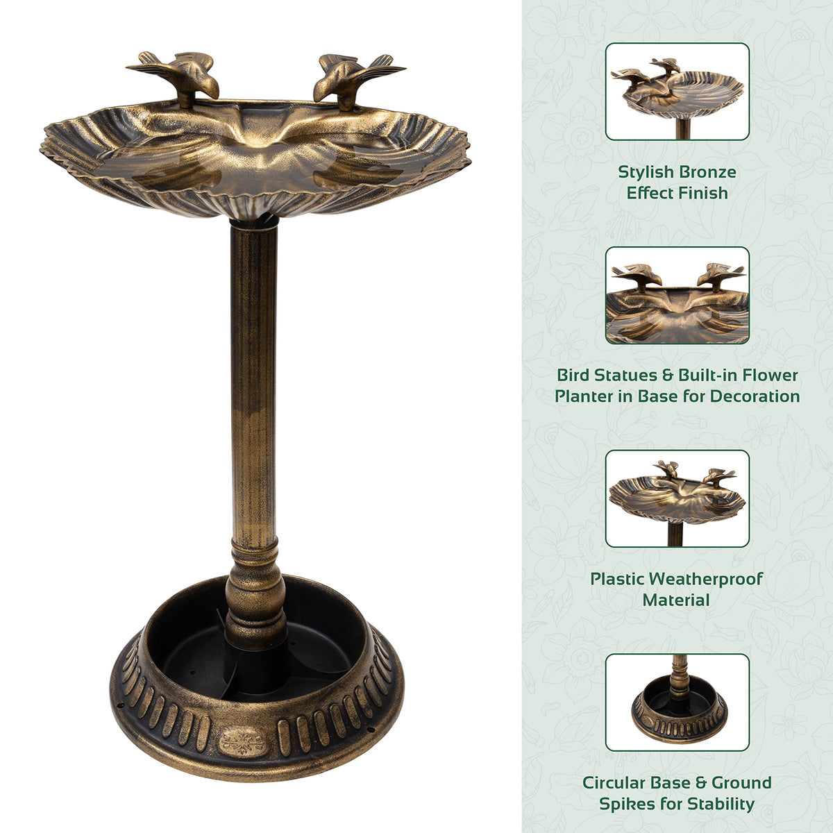 GardenKraft bronze-effect clam shell bird bath with built-in planter, 66cm