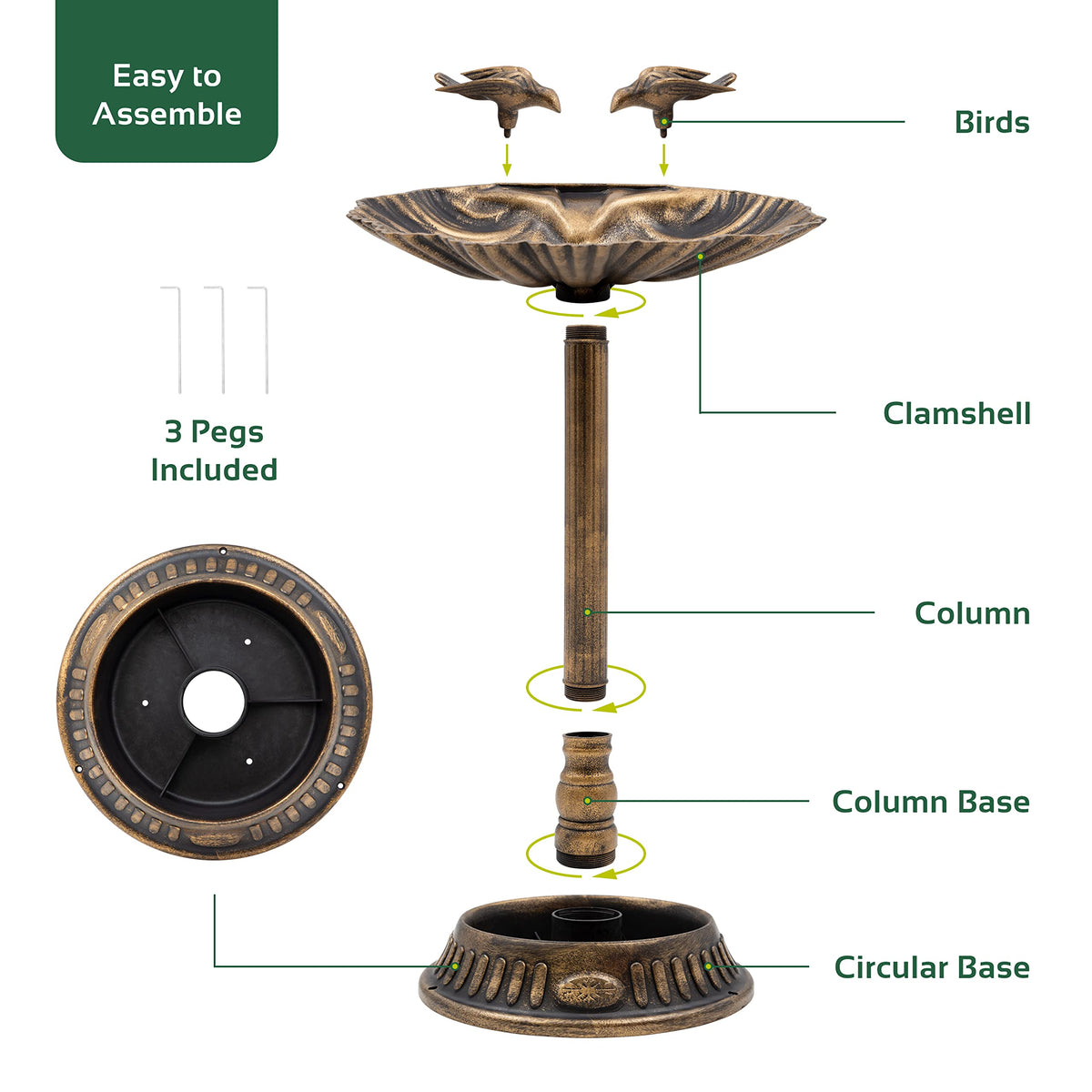 GardenKraft bronze-effect clam shell bird bath with built-in planter, 66cm